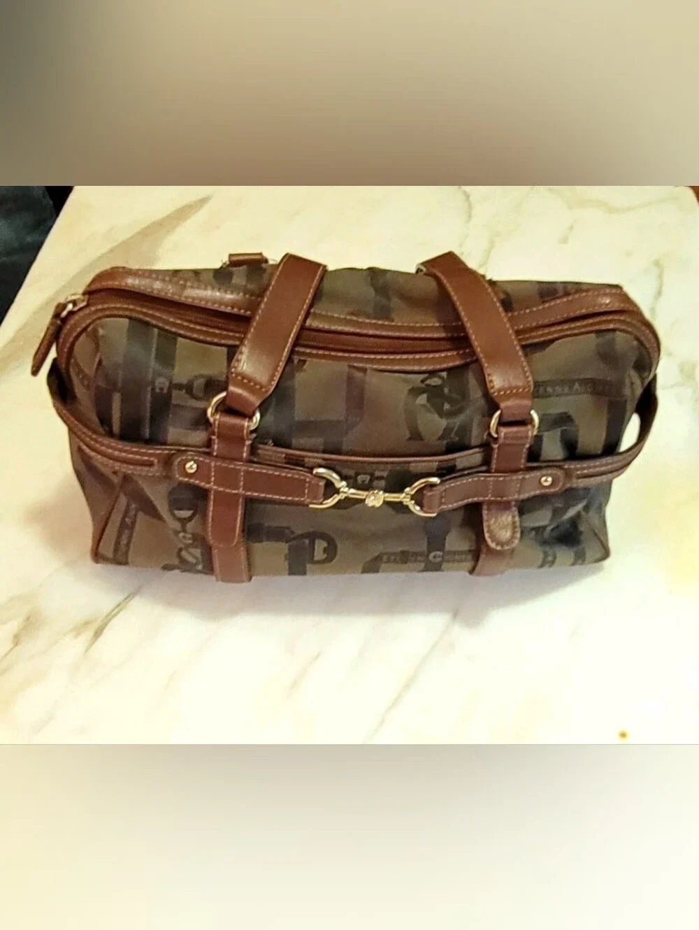 Etienne Aigner Signature Monogram Canvas Satchel Bag | Brown Trim | Gold